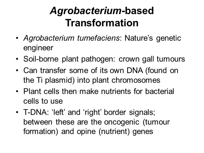 Agrobacterium-based Transformation  Agrobacterium tumefaciens: Nature’s genetic engineer Soil-borne plant pathogen: crown gall tumours